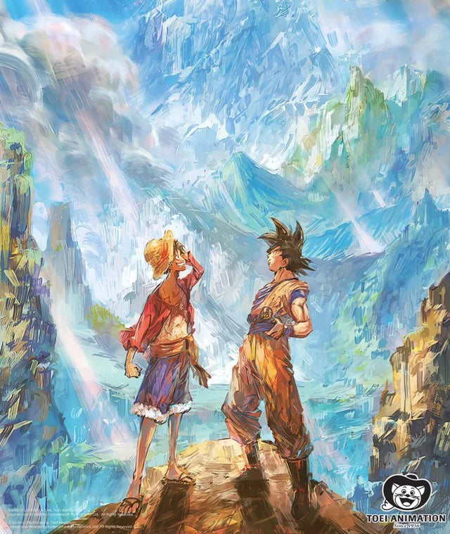 Goku and Luffy in a blue mountain landscape